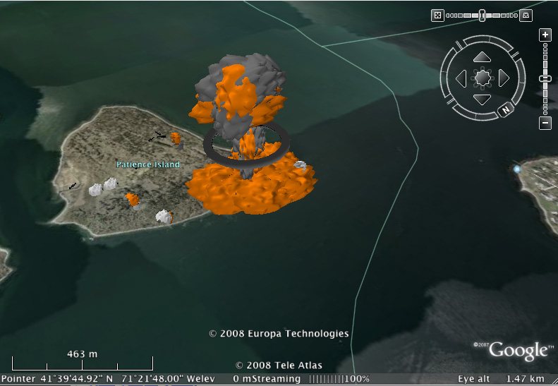 Patience Islandin räjähdyksen jälkeinen sienipilvi, kuvattuna Narragansett Bayn päällä lentävästä pienkoneesta.
